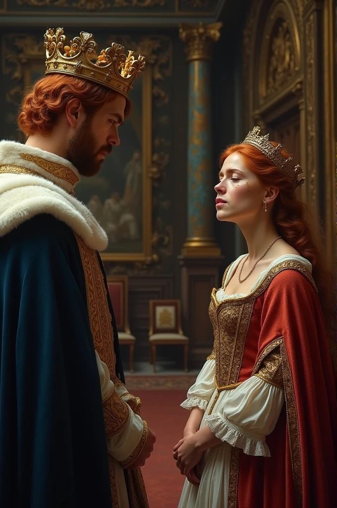 A king with red hair divorce with her wife, who is crying not so far from him. The wife looked so sad as she was crying. This happened in 16 century