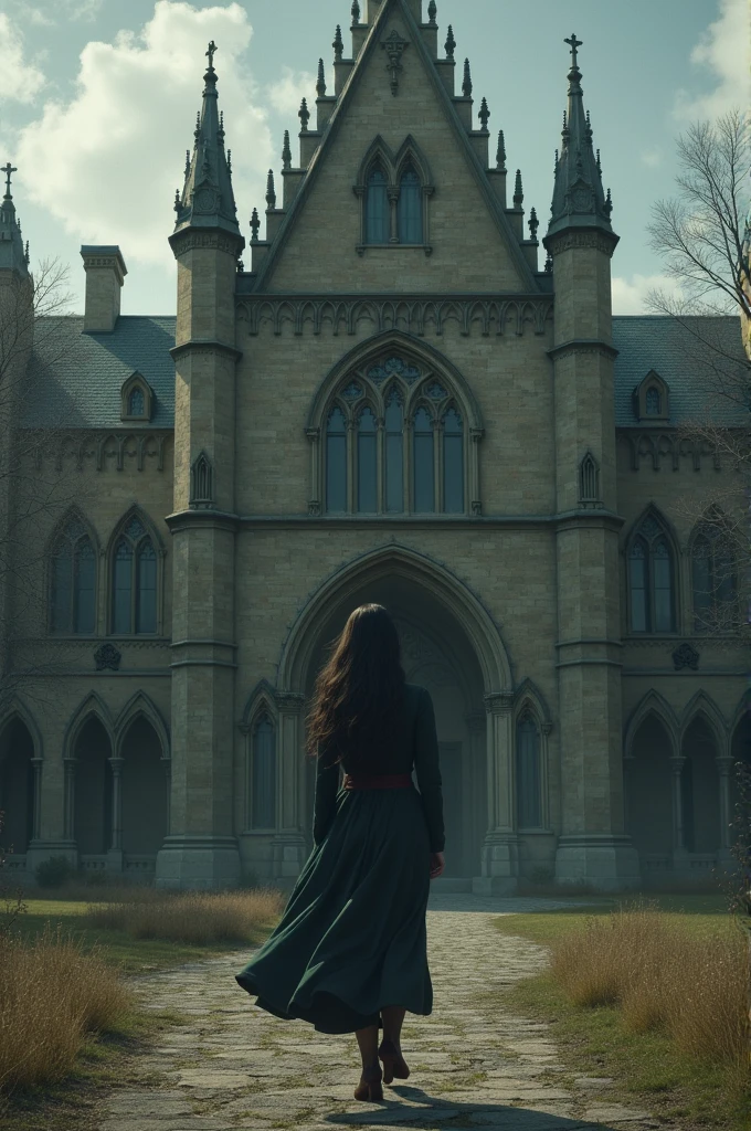 Make a woman, dark hair, enter a sanatorium, gothic architecture