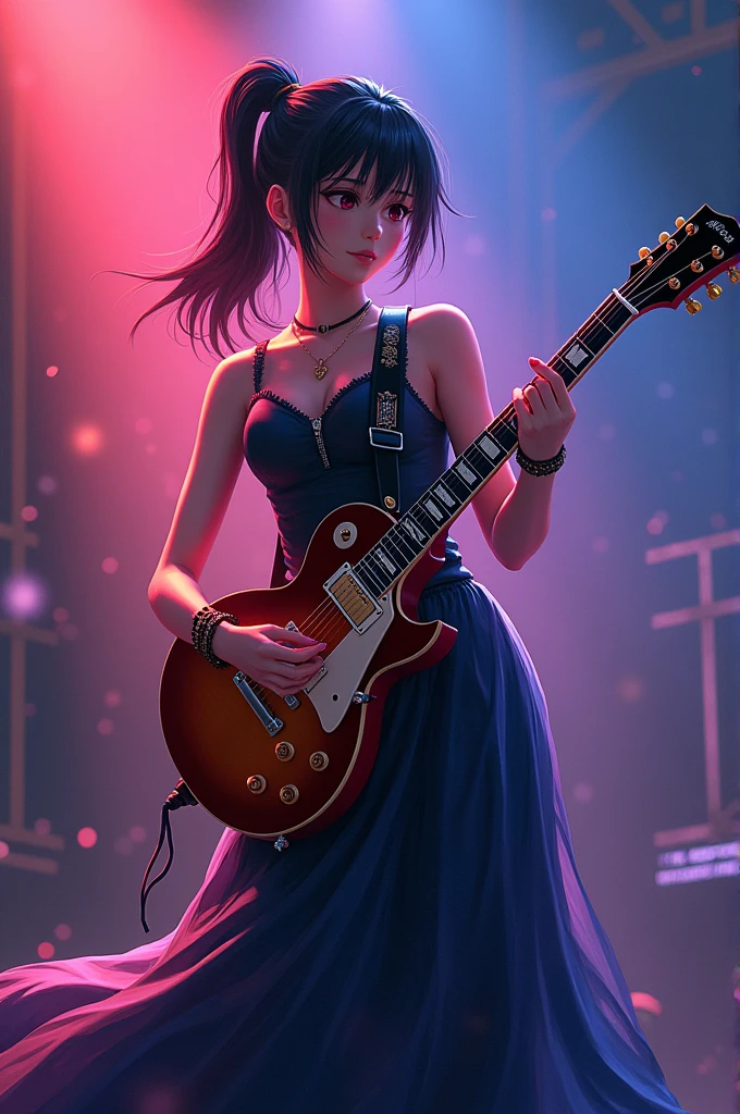 Anime, ponytail, cool, girl, electric guitar, strumming, long skirt, mermaid skirt, sleeveless, Les Paul guitar, full body, life-size