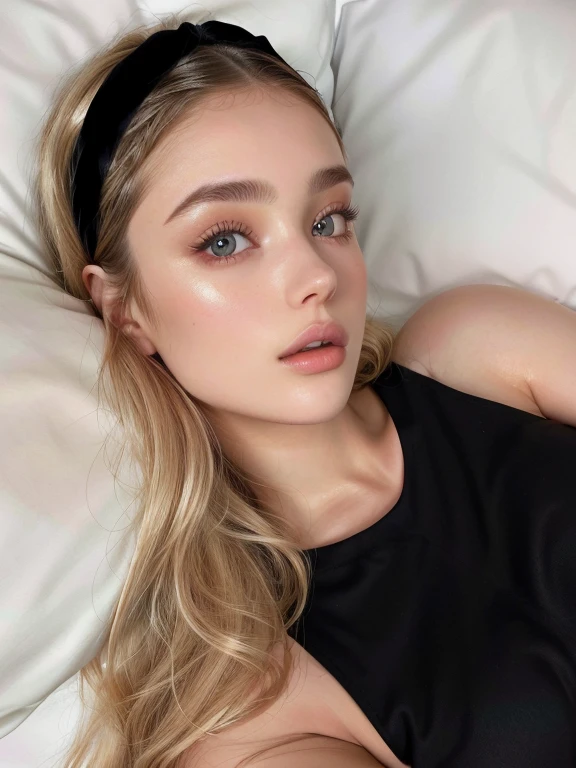 arafed woman laying in bed with a black top and a black headband, glossy skin, eva elfie, portrait sophie mudd, sydney sweeney, glossy eyes, perfectly lit face, glossy lips, yelena belova, flawless face, pale glowing skin, glowy, with shiny skin, dasha taran, gorgeous young model, portrait of kim petras