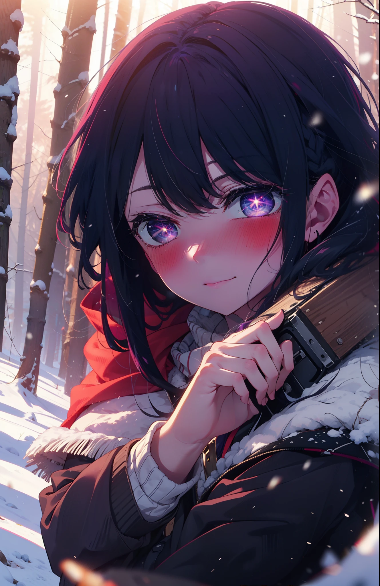 aihoshino, Ai Hoshino, Long Hair, bangs, (Purple eyes:1.1), Purple Hair, (Symbol-shaped pupil:1.5), smile,,smile,blush,white breath,
Open your mouth,snow,Ground bonfire, Outdoor, boots, snowing, From the side, wood, suitcase, Cape, Blurred, , forest, White handbag, nature,  Squat, Mouth closed, Cape, winter, Written boundary depth, Black shoes, red Cape break looking at viewer, Upper Body, whole body, break Outdoor, forest, nature, break (masterpiece:1.2), Highest quality, High resolution, unity 8k wallpaper, (shape:0.8), (Beautiful and beautiful eyes:1.6), Highly detailed face, Perfect lighting, Highly detailed CG, (Perfect hands, Perfect Anatomy),