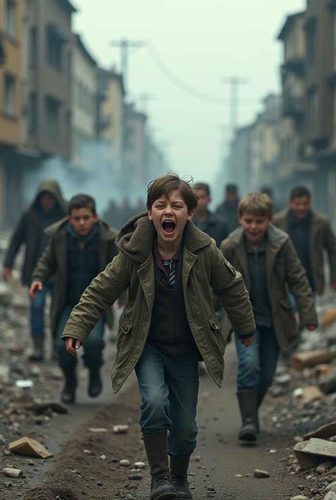 create a realistic image of devastated Ukrainian area, with people fleeing in fear of wars running