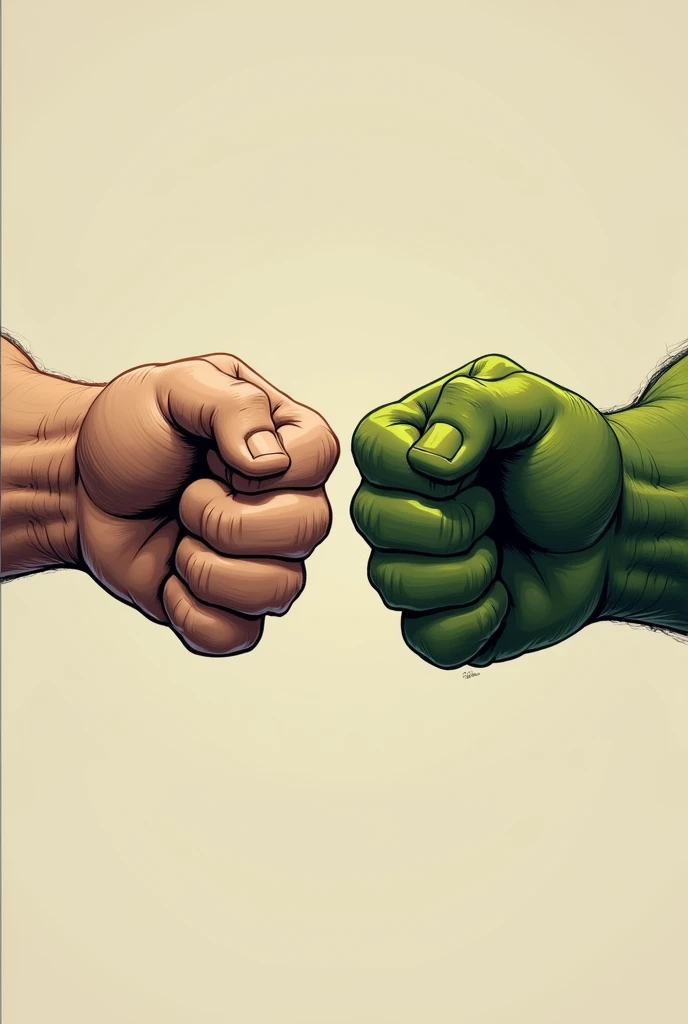 Two straight hands facing each other closed in a fist position touching each other with popai on one side of the hands and hulk on the other side because they are the character's hands in a fight against each other