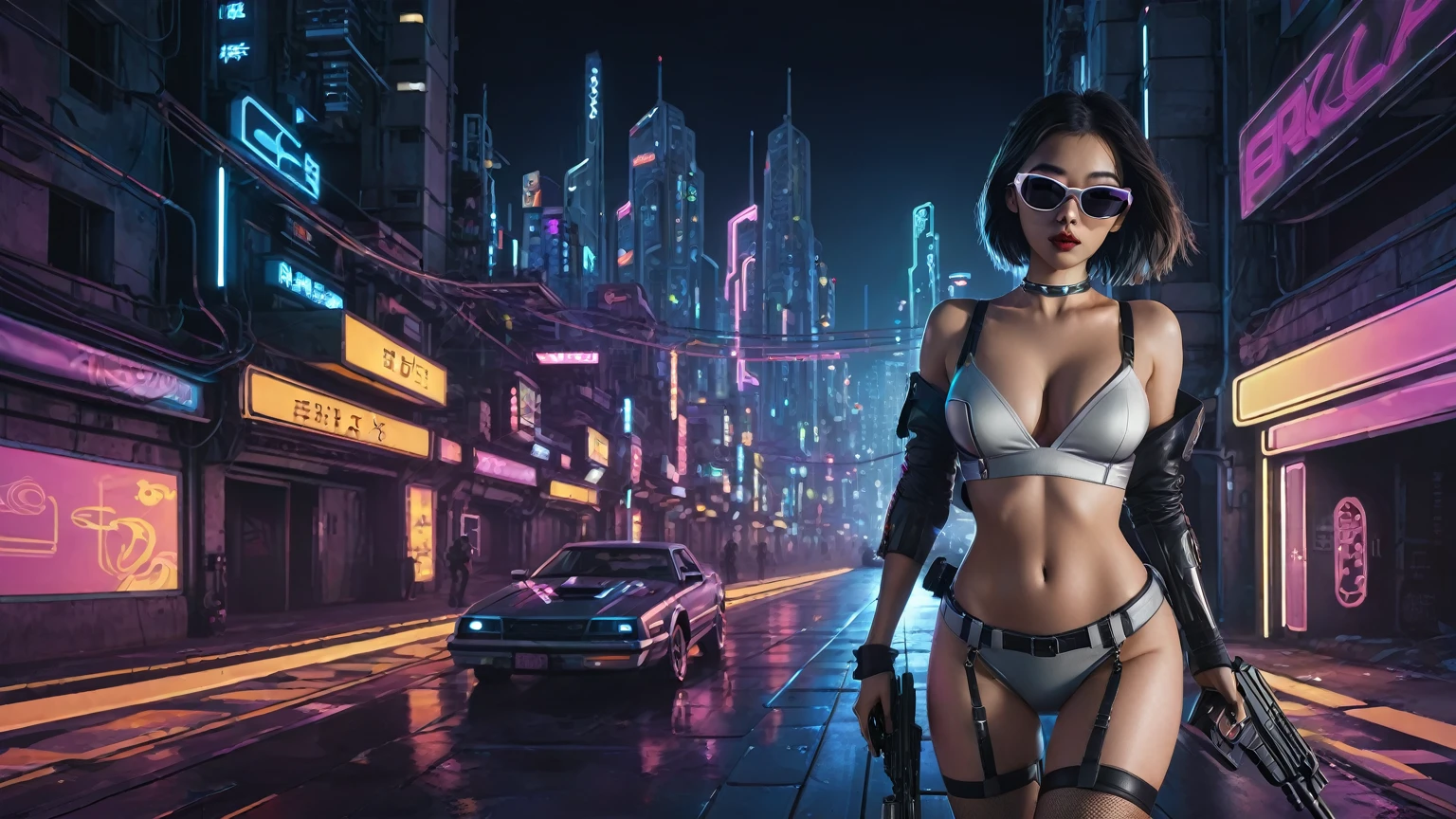 dark futuristic landscape, at night, neon lights, Atmospheric fog, large buildings in the background, futuristic city, streets with open shops, skyscraper (postapocalyptic city:1.3). (((1girl, solo, alone))), large-breast:1.2 slim body, cleavage:1.1, sexy miniskirt, (((headphone, black sunglasses, standing and holding pistol pose))), (((half-body thigh level medium shot))), cinematic lighting, lens flare, ray tracing.