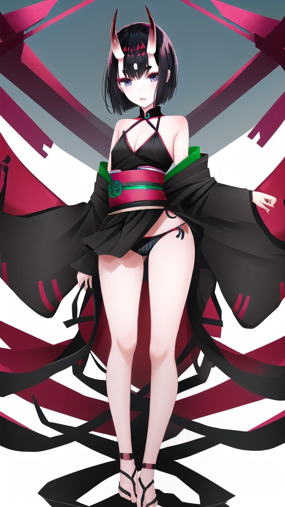 Black short-haired girl with doll head and flat chest,Demon horn,kimono,underwear,Bare Legs,barefoot,Standing,On the torii gate