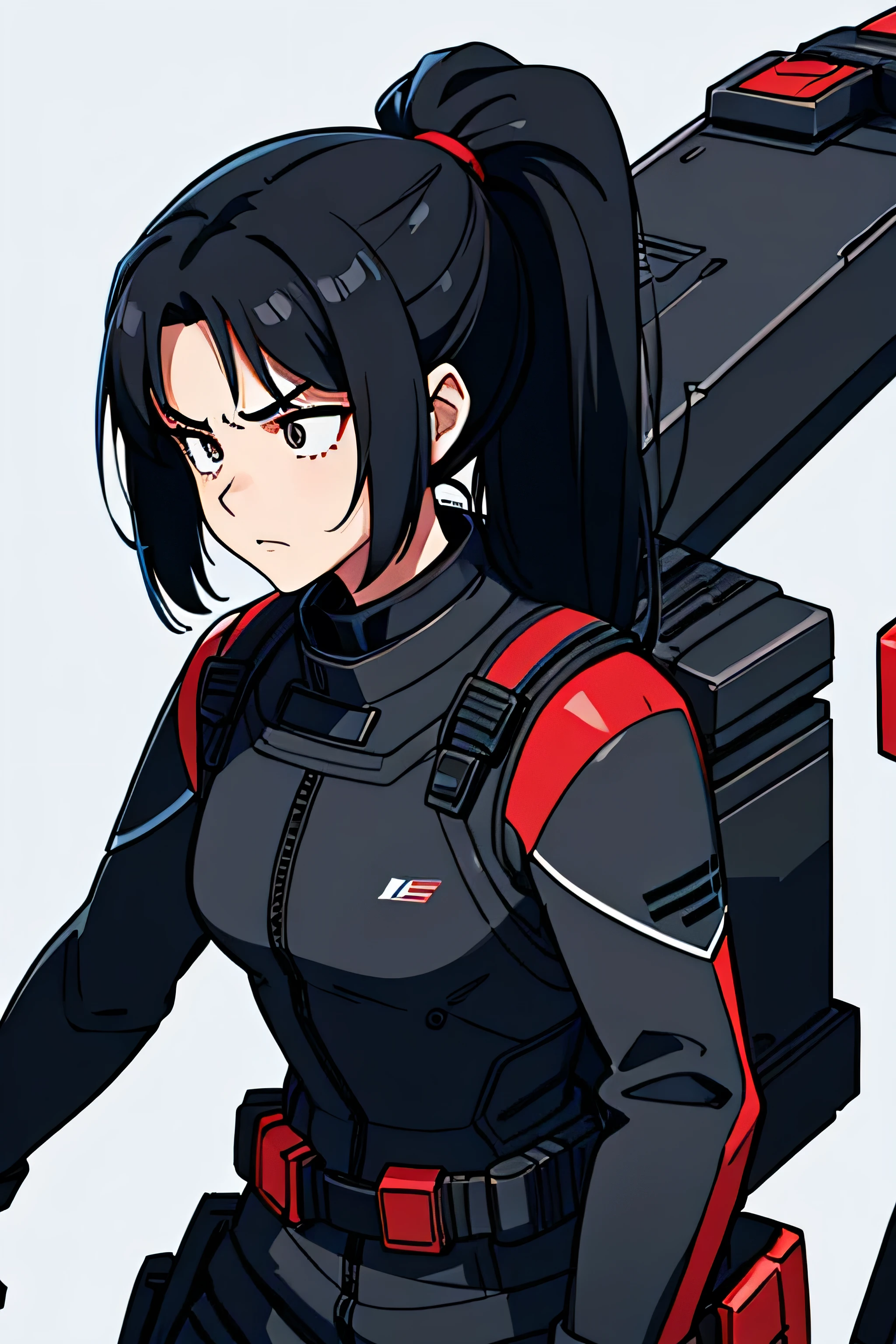 Digital illustration of an anime-style character. The character is a girl child of with long black hair, she has hair tied in a hair ponytail, she has a several expression. she wears an military exosuit in full black color, with red accents on the chest area. The suit features detailed exosuit plating and straps, suggesting a combat or tactical purpose. The background isa blanck space, asian feautures, childish appearance