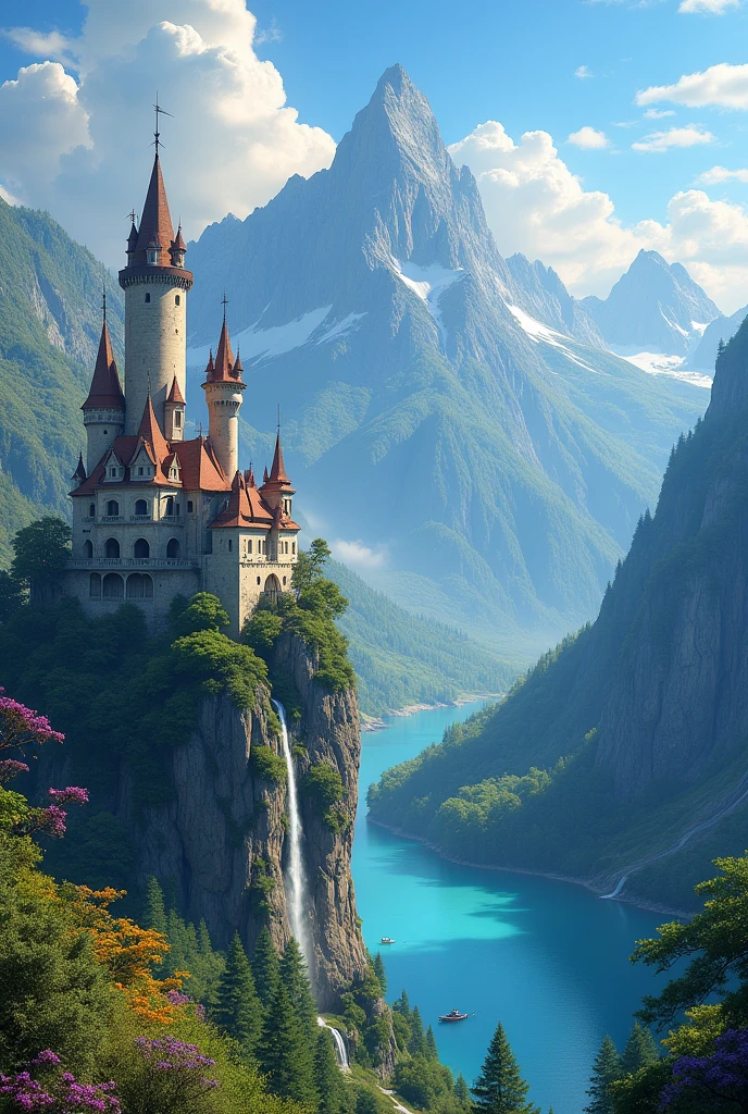 masterpiece, 最high quality, high quality, Very detailed CG unit 8k wallpaper, landscape, outdoor, Invalid, cloud, sky, A beautiful medieval castle, No humans, Mountain, landscape, water, wood, blue Invalid, waterfall, cliff, nature, lake, river, village, 秋sky, cloudy Invalid, Colorful flowers, Award-winning photography, Bokeh, Writing border depth, high resolution, bloom, Chromatic Aberration, Practical, Very detailed, Artステーションのトレンド, CG Social Trends, complicated, Attention to detail, dramatic, Art:On the go