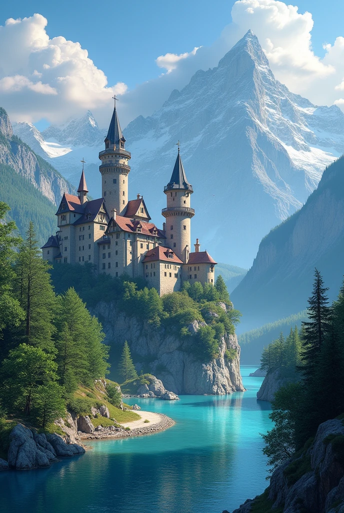 masterpiece, 最high quality, high quality, Very detailed CG unit 8k wallpaper, landscape, outdoor, Invalid, cloud, sky, A beautiful medieval castle, No humans, Mountain, landscape, water, wood, blue Invalid, waterfall, cliff, nature, lake, river, village, 秋sky, cloudy Invalid, Colorful flowers, Award-winning photography, Bokeh, Writing border depth, high resolution, bloom, Chromatic Aberration, Practical, Very detailed, Artステーションのトレンド, CG Social Trends, complicated, Attention to detail, dramatic, Art:On the go