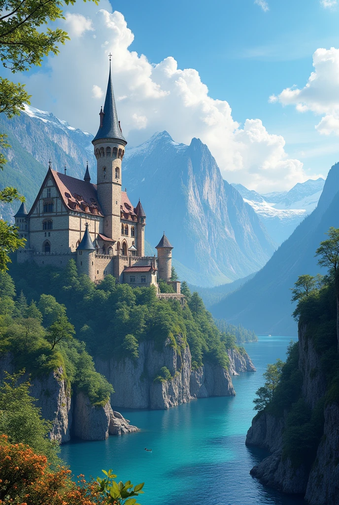 masterpiece, 最high quality, high quality, Very detailed CG unit 8k wallpaper, landscape, outdoor, Invalid, cloud, sky, A beautiful medieval castle, No humans, Mountain, landscape, water, wood, blue Invalid, waterfall, cliff, nature, lake, river, village, 秋sky, cloudy Invalid, Colorful flowers, Award-winning photography, Bokeh, Writing border depth, high resolution, bloom, Chromatic Aberration, Practical, Very detailed, Artステーションのトレンド, CG Social Trends, complicated, Attention to detail, dramatic, Art:On the go