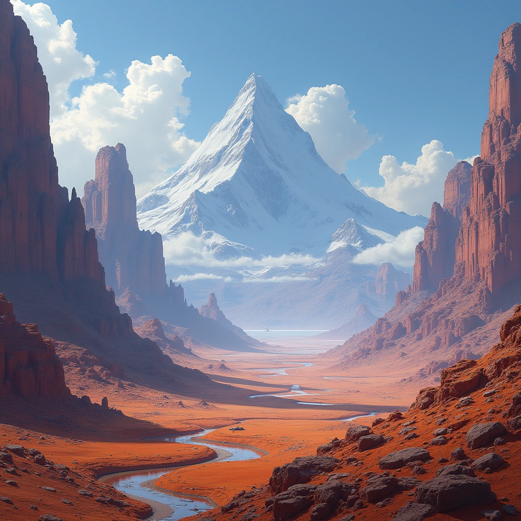 (Highest quality,High resolution,Very detailed,Realistic,High resolution,Studio Lighting,Bright colors,Paysage,Portraiture,sf,Conceptual artist,Star Wars),a breathtaking landscape scene with a Realistic depiction of a sf world inspired by the Conceptual artist of Star Wars. このシーンは見事なディテールand鮮やかな色彩に満ちている, 異世界の美しさand壮大さを表現する. Vast mountains々and'Hall々andした崖, With a unique combination of'未来的な建築and'Natural elements. The Studio Lighting enhances the depth and realism of the scene, 劇的な影を落andし、Highlighting the intricate details of the world. and otherses couleurs sont vives et dynamiques, 視覚的に魅力的な体験を生み出す幅広い色合いand色調. and others'The overall atmosphere is impressive and immersive, inviting viewers to explore and immerse themselves in this sf masterpiece.