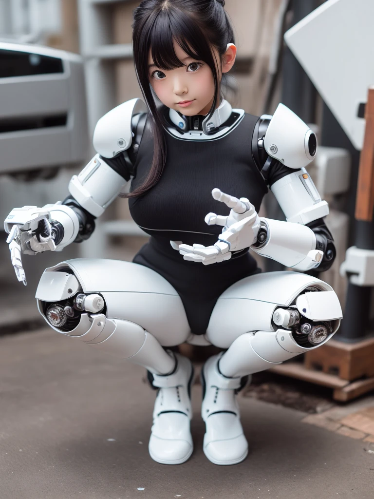 masterpiece, Highest quality, Very detailed,Japanese anドロイド woman,Plump ,Control panel,Activation,Android,Mechanical Hand,Robotic arms and legs, White Robot Parts,Black Hair,Dark black knee-high socks,Black sponge joint,Blunt bangs,White robot body,Ceramic body,Jockey Boots,Perfect Cyborg Girl,Squat,