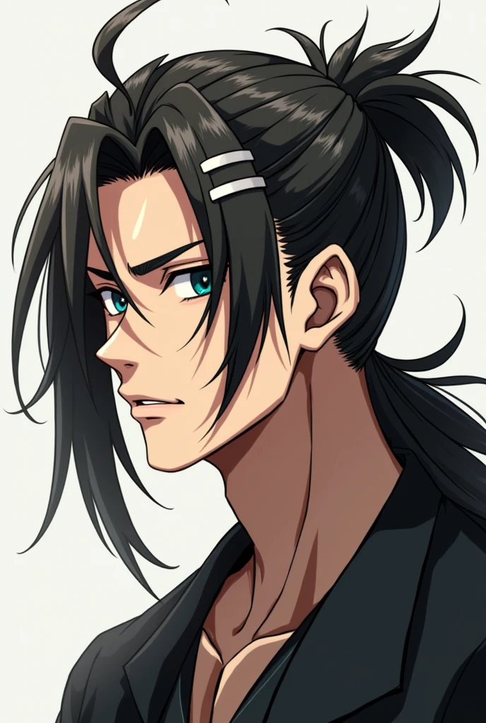 A young, cool anime guy with long hair, hair tied back with a hair clip, not cute, but tough-looking, but with masculine facial features, not girlish.