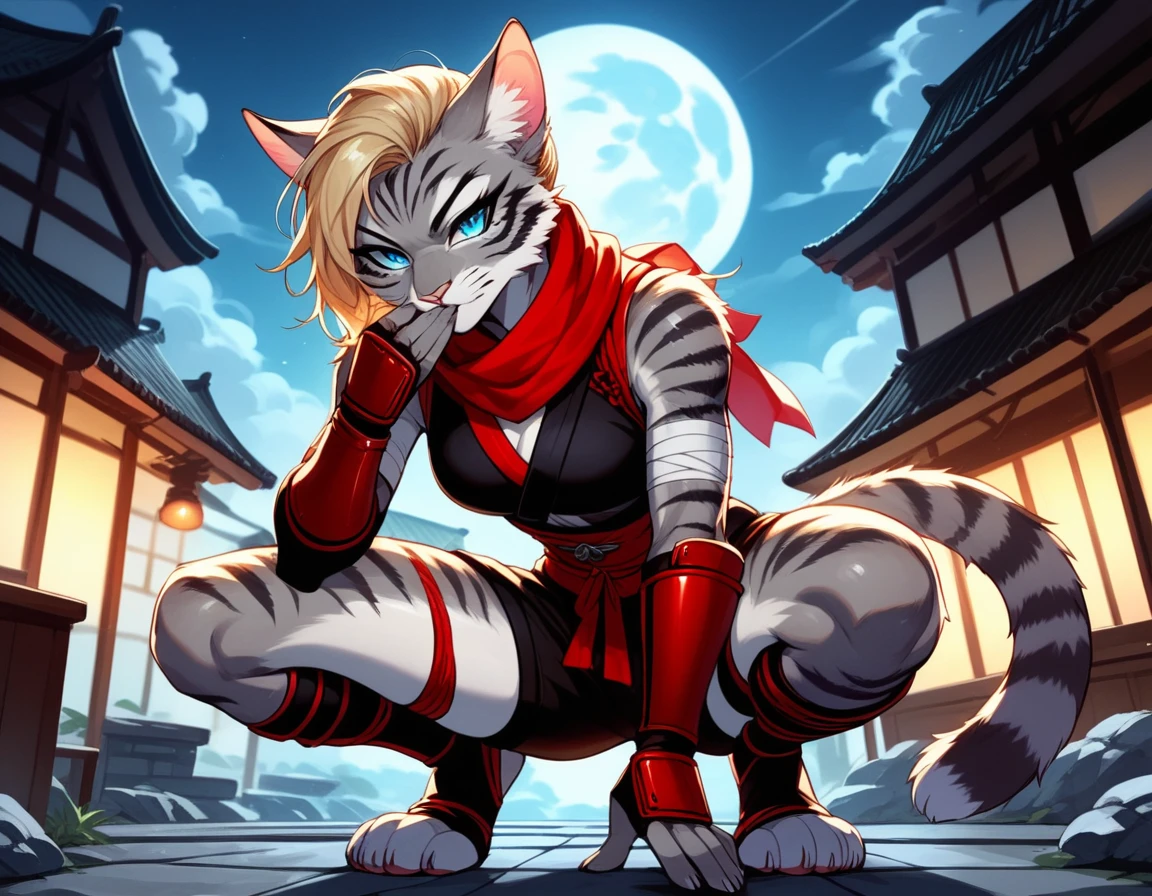 Duo, score_9,score_8_up,score_7_up, score_6_up, score_5_up, source_anime, Kat, female Anthro furry feline, silver fur, grey stripes on body, blue eyes, long blonde hair, undercut hair, one side of hair shaved, wearing red ninja scarf, scarf_covering_mouth, red scarf over mouth, black shinkbis tunic, black cloth shorts, feet paws four toes, feet and legs wrapped in bandages, shinobi ninja gauntlets, squatting, holding a kunai, nighttime, on top of a building, squatting on the edge of a building, full moon
