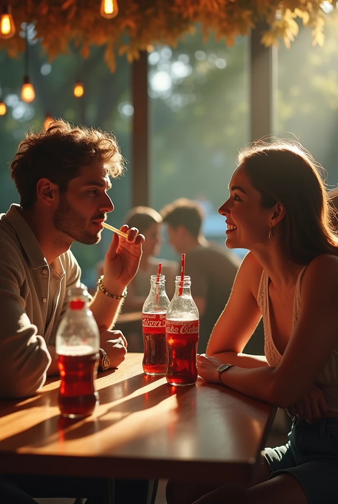 friends sitting at a table drinking coke during the day