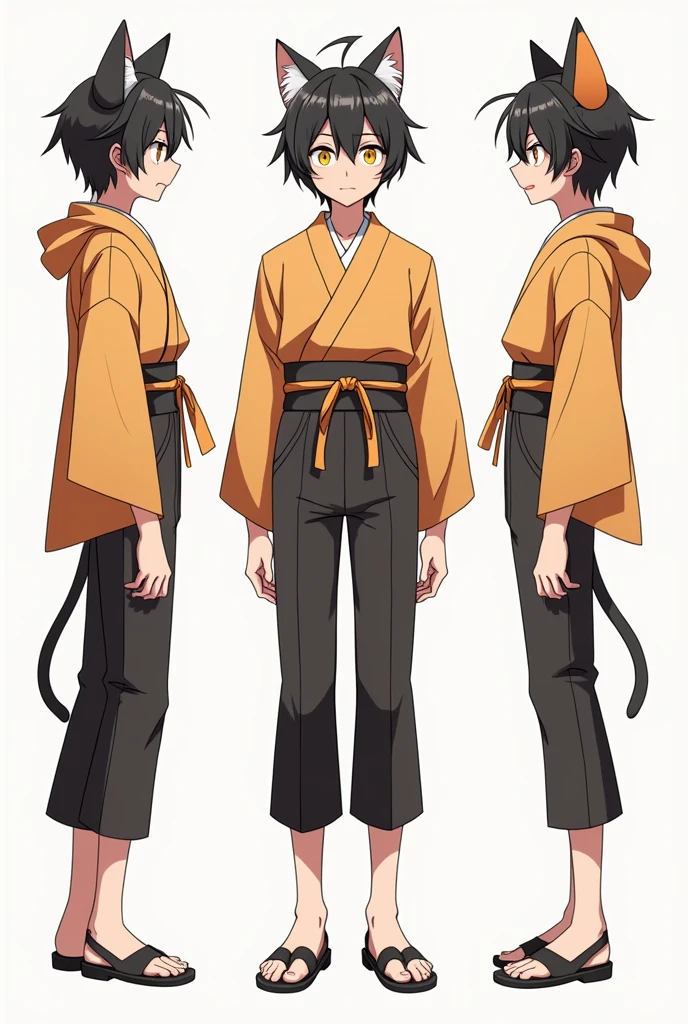 High quality illustrations, male,Cat-eared teenager, three views, Front and sides and back, Character Sheet, Character Design, Various expressions(Happy expression、Sad expression、Angry expression) 、masterpiece、(Highest quality)、((kimono))、((Makes your face smaller))、The body is slim、((Yellow Eyes))、((10 poses and facial expressions))、Anime characters