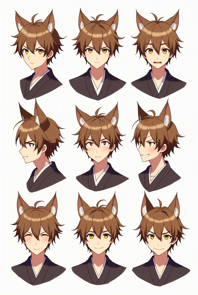High quality illustrations, male,Cat-eared teenager, three views, Front and sides and back, Character Sheet, Character Design, Various expressions(Happy expression、Sad expression、Angry expression) 、masterpiece、(Highest quality)、((kimono))、((Makes your face smaller))、The body is slim、((Yellow Eyes))、((10 poses and facial expressions))、Anime characters