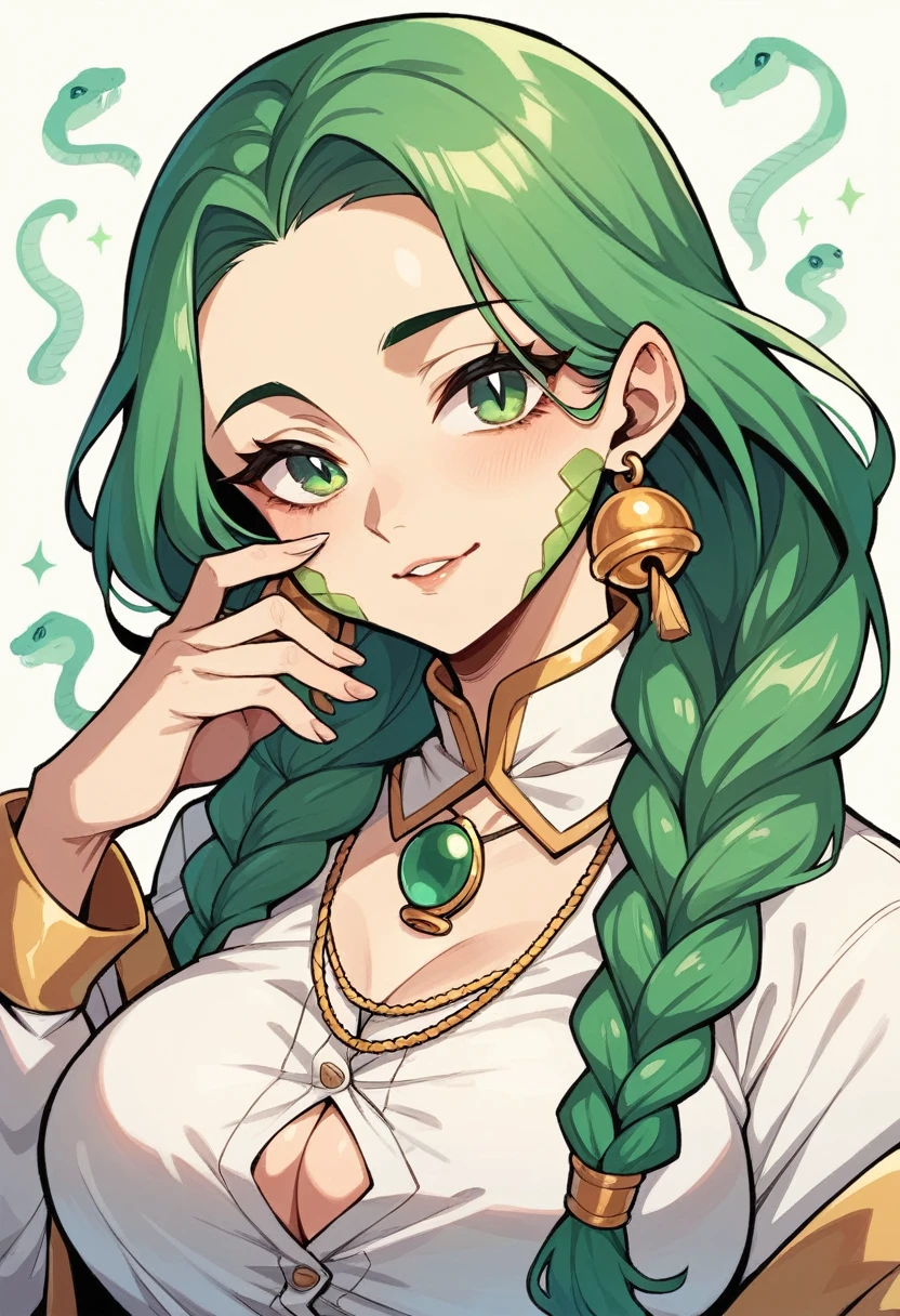 MILF, braided green hair, green eyes, smooth snake scales on cheeks, smooth snake scales on forearms, white unbuttoned dressed, golden belt with a tassel, large green gem on necklace, gold bangles on wrists, gold chocker, golden earrings shaped like bells
