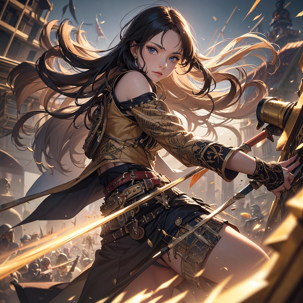 CG, Unity, 8k, wallpaper, Highest quality, masterpiece, Lovely lady, 18-year-old, (Realistic:1.2), Best lighting, Complex pupil, Intricate weaving, Detailed Background,(A combination of ballista and battle outfit:1.5),Transparent sleeves、For battle、(Delicate clothing with intricate patterns and decorations),A composition that shows the whole body