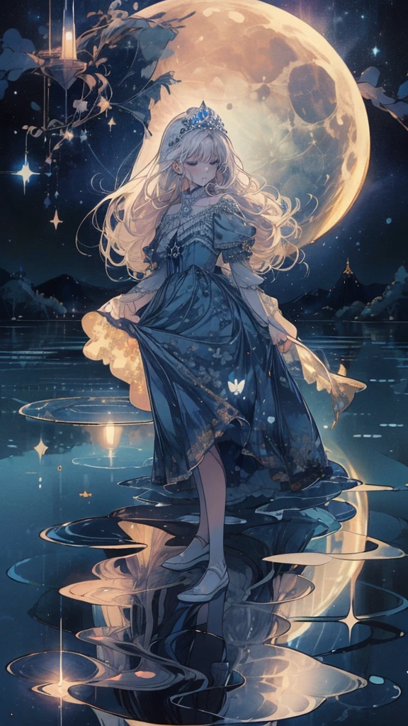(Mastepiece), (Best Quality), Very detailed, 1 girl, (Full body solo shot:1.5), Perfect Face, beautiful girl, Very detailedな顔,(Blue Princess Dress:1.4)、(White hair long hair:1.5),(blue eyes:1.4),(tiara:1.2)、(White flower:1.4)、(Blue Butterfly々:1.3)、(Sparkling:1.3)、moonlight、流れstar、(night、star空、White Moon:1.4)、star々、moonlight