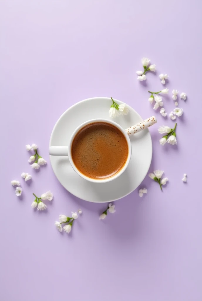 Coffee in a mug, small flowers on a light purple background