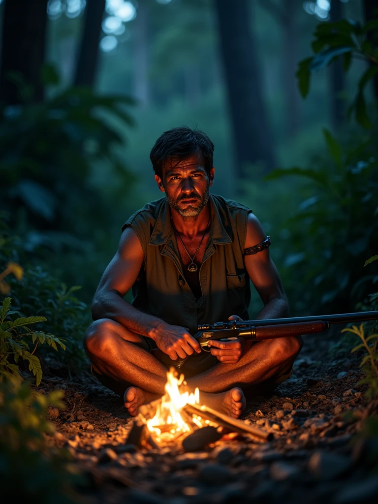 A Cambodian hunter sits with a gun in front of a fire at night in the forest