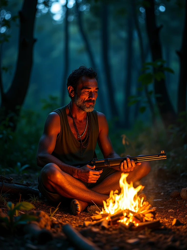 A Cambodian hunter sits with a gun in front of a fire at night in the forest