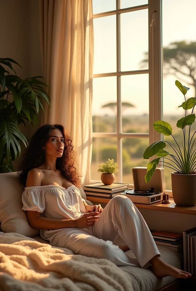 (Photorealism:1.2), beautiful woman, sitting on bed, wearing loose off-shoulder top, pajama pants, long curly hair, indoors, soft lighting, plants in background, window with sunlight, cozy room, relaxed pose, realistic, intricate details, warm colors, by Greg Rutkowski, by Alphonse Mucha Giraffe is in a large living room, with large windows that let in the soft late afternoon light. She is not wearing her stage costume, appearing in its natural state, with its golden coat and brown spots that make it so unique.The room is decorated with elements that combine sophistication and a natural touch., like tall plants in ceramic pots, a large cushion where she sits comfortably, and a shelf with vinyl records next to a vintage record player. The furniture is elegant, with neutral tones that complement the surrounding nature.Giraffe is positioned near an open window, through which you can see the vast savannah in the distance, mixing the wild with the comfort of home. She looks calmly outside, perhaps reflecting or just enjoying the moment of tranquility.Sunlight pierces through windows, creating soft shadows and a golden glow in the room. The environment conveys a sense of peace and comfort, showing Giraffe's more intimate and relaxed side, out of the spotlight.