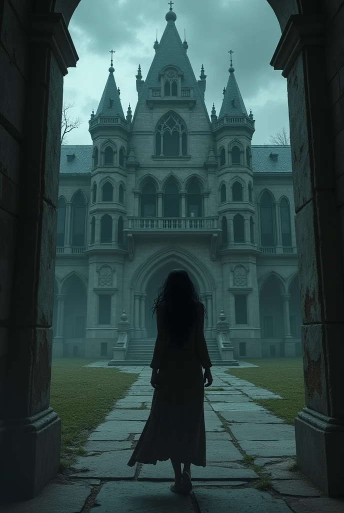 Make a woman, dark hair, enter a sanatorium, gothic architecture, horror and dark