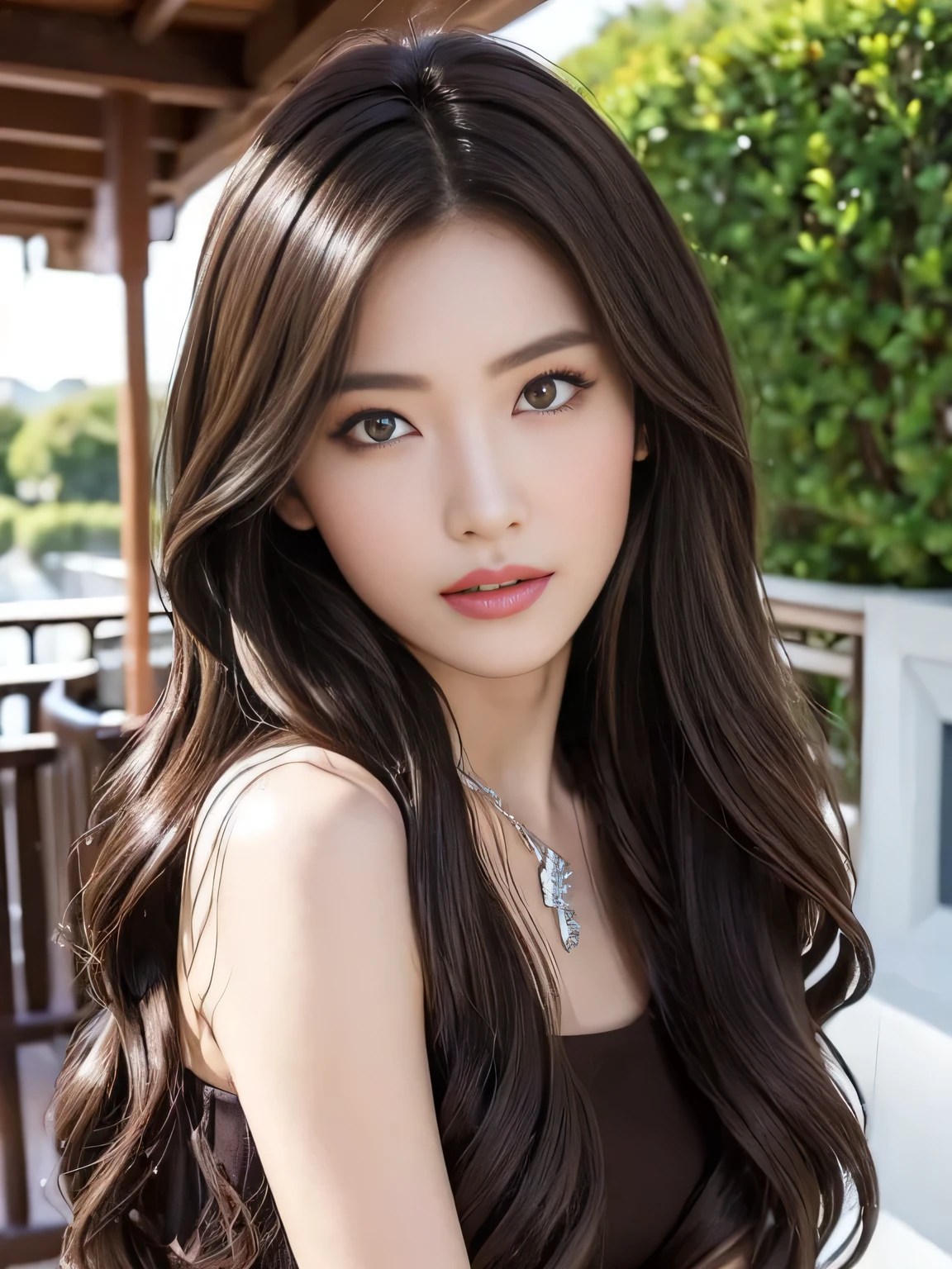 ((Genuine lighting、highest quality、8k、masterpiece:1.3))、8k、Clear focus:1.2、Browsing Caution、((Genuine)) 、((Genuine light、highest quality) )、Model Body Type:1.4、(Dark brown hair、outside:1.8)、Dark brown eyes、Long Hair、Resort、At Nangoku Hotel、(30-years-old:1.3)、Highly detailed face、Beautiful Eyes、double eyelid、necklace、Put your hair over one eye、High heels、eyeliner、Please comb your hair、out side terrace view、liberation、Model Pose、(West Shot)、Random body direction、
