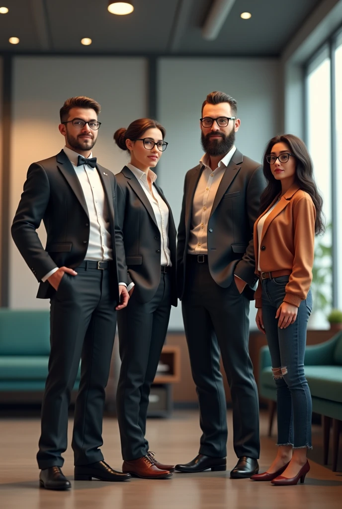 (photorealism:1.2), Rodrigo (short man, with terno, glasses and businessman) with Luke (man of medium height, with beard, and coat), Magdiel (Tall Man, with glasses and robust) and Renata (little woman, long hair and glasses) in a office