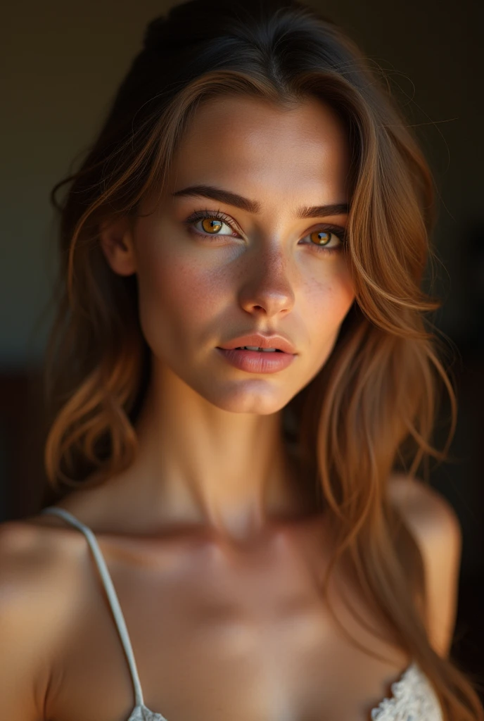 Beautiful woman (young), age between 30 and older, Brown eyes, good body, medium breasts, in a short dress, Hair color (light brown), slim, Skin tone (white), 5D, with hot face.