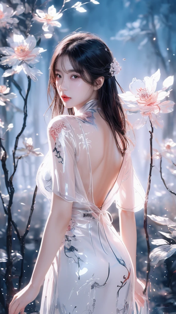 (((masterpiece))),(((best quality))),((Extremely detailed)), ((illustration)),floating, ((Extremely delicate and beautiful)),(beautiful detailed Eye), (painting),(sketch),((neck)),(((Back))),(looking Back), blush,Suspender dress, Backless dress ,Ultra Detailed,Eye,(black hair),Upper Body, (((Clear face))),((Clear Eye)), Bangs, Serious face, (((Chinese cloth,Decorations))),{Ink painting style},{古wind中式},very long hair,disheveled hair,messy_hair,white hair,flowing hair,wind,glowing Eye,Movie Lighting,everything floating,extremely opulent,legend,epic,feather, Leaves, nature, (Sunlight), river, (forest),(painting),(sketch),((Change:1.3)),{small},{Cute face},((flat chest)),(sketch),(Laurel wreath ),(((Beautiful and detailed sky,Smooth))),(Soft),((beautiful detailed Eye and face)),(neck ring),(necklace),(period),((White Dress)),(Detailed lighting),(beautiful detailed Eye),Shining light ),(Lighting particles),(rich and colorful),((((Chinese ink ))), ((((Ink staining)))),