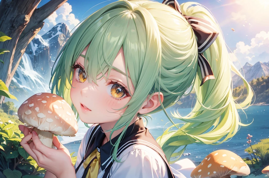 (Mountain Explorer style) (double exposure pastel color), (hand holding a detailed ecstasy brown Penis Shape mushroom), Smell the scent it, (solo:2, 15 yo) (beautiful ponytail) (beautiful pastel green hair long hair) (beautiful sexy girl) (detailed cute yellow eyes) (best smile, glossy lip) (medium tits), in a summer Speculator uniform, break, in the beautiful Pine forest, BREAK, perfect anatomy, masterpiece, best quality, 16k, beautiful detailed grow, daydreaming expression.