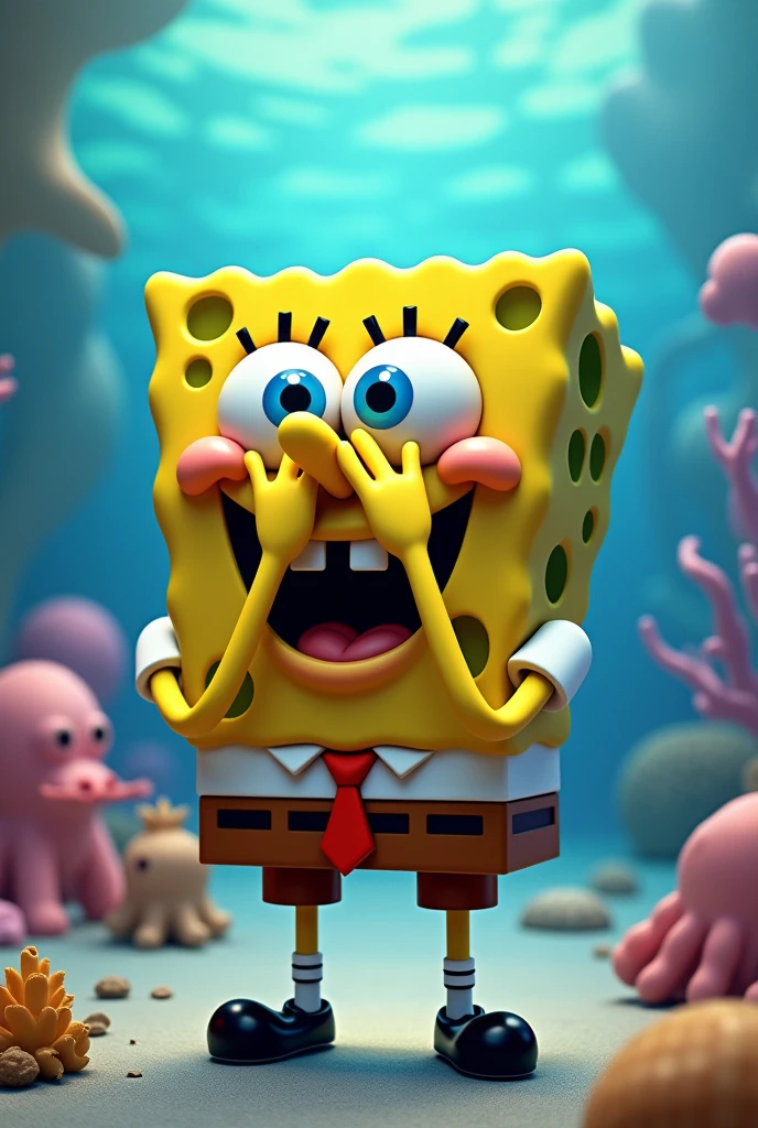 Spongebob Squarepants who does what he does like the three monkeys: see nothing, hear nothing, say nothing