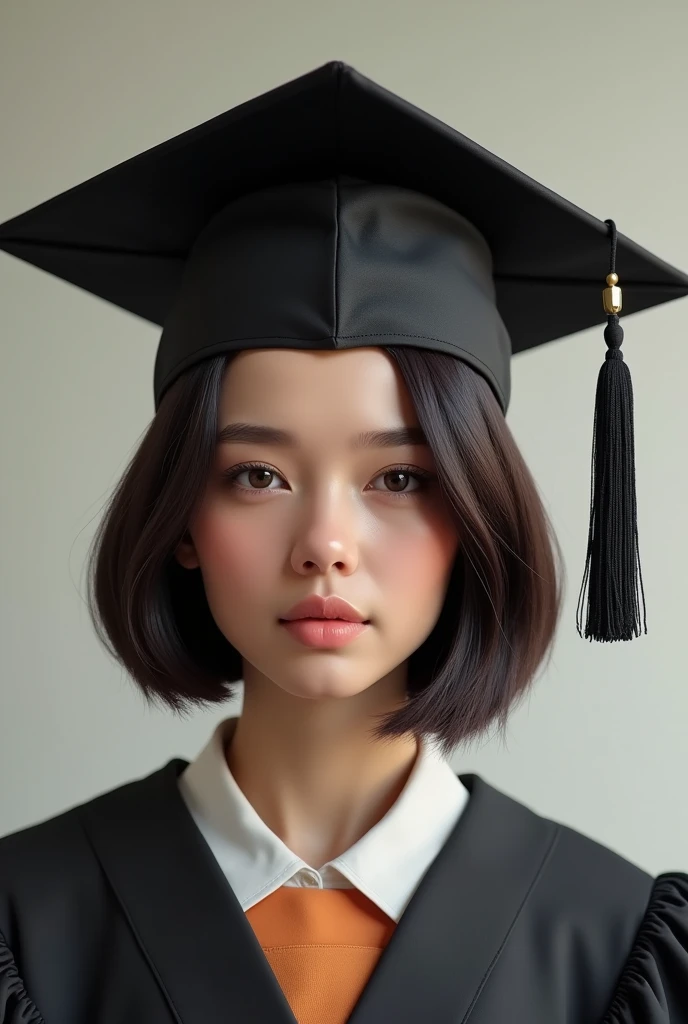 Generates a realistic photo of a light-skinned young woman, without eyes nose, Eyebrow, boca , Oval face, short neck straight chocolate hair, dressed in a black graduation cap and gown