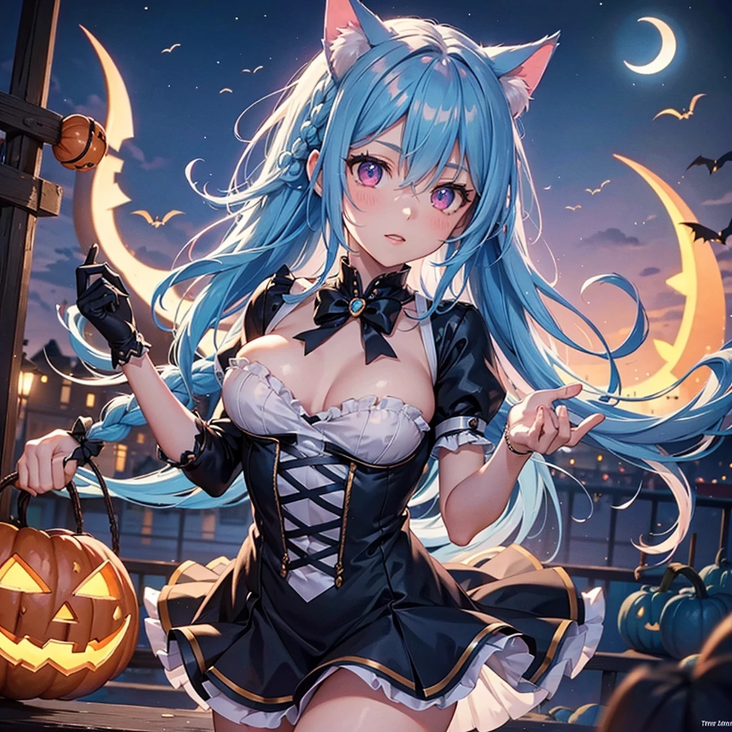 (Sky Blue Hair),(Braided medium hair), (Pink Eyes),Fair skin) ,(whole body),(One Girl),(Crescent Moon),(There are many pumpkin ghosts in the background),Cat ear,Cat costume,Cat Pose,(Trick or Treat),Halloween Night Party),(masterpiece, Highest quality, Very detailed, Best Shadow), (Detailed Background), (Beautifully detailed face), High Contrast, (Best lighting, Very delicate and beautiful), ((Cinematic Light)), Hyper Detail,8k, Dramatic Light, Intricate details,night,Flying bats in the sky,