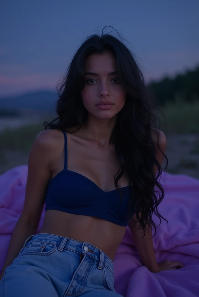 a young latina woman with long dark hair lying on a purple blanket,starry night sky,navy blue crop top,high-waisted jeans,(best quality,4k,8k,highres,masterpiece:1.2),ultra-detailed,(realistic,photorealistic,photo-realistic:1.37),cinematic lighting,dramatic shadows,pastel colors,dreamy,romantic,portrait