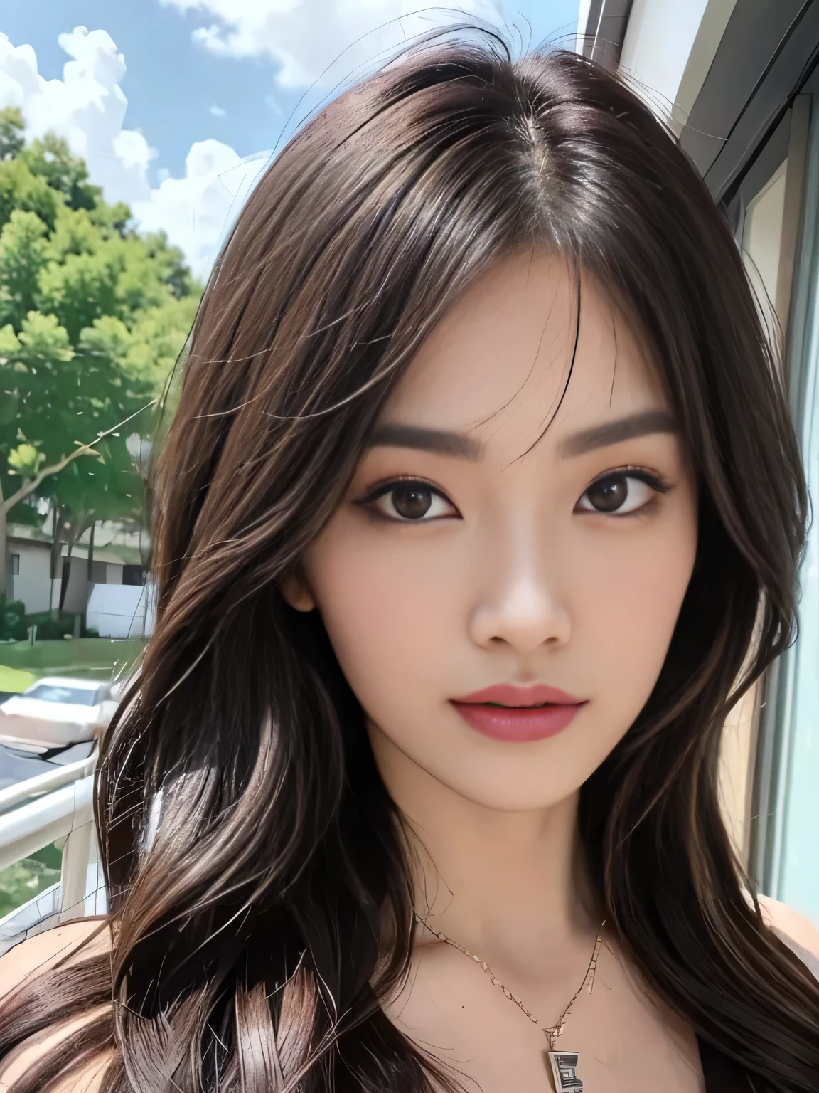 ((Genuine lighting、highest quality、8k、masterpiece:1.3))、8k、Clear focus:1.2、Browsing Caution、((Genuine)) 、((Genuine light、highest quality) )、Model Body Type:1.4、(Dark brown hair、outside:1.8)、Dark brown eyes、Long Hair、Resort、At Nangoku Hotel、(30-years-old:1.3)、Highly detailed face、Beautiful Eyes、double eyelid、necklace、Put your hair over one eye、High heels、eyeliner、Please comb your hair、out side terrace view、liberation、Model Pose、(West Shot)、Random body direction、
