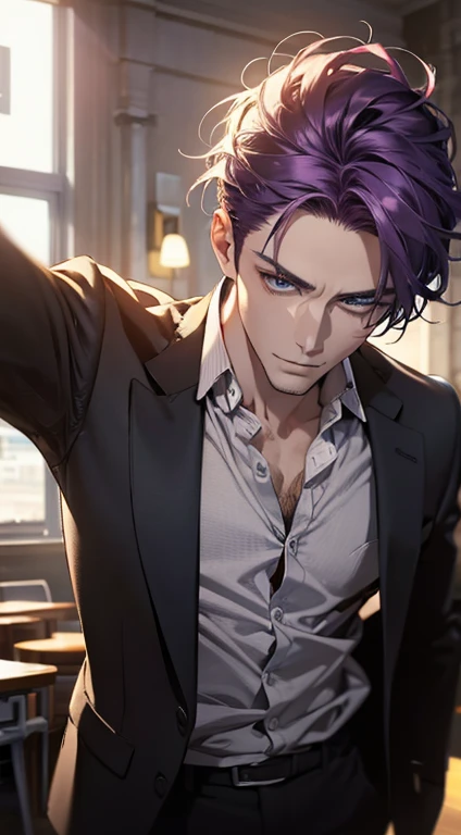 (best quality,4k,8k,highres,masterpiece:1.2),ultra-detailed,(realistic,photorealistic,photo-realistic:1.37),1 man,31 years old,mature man,very handsome,without expression,smile,short purple hair,blue eyes,penetrating gaze,perfect face without errors,imposing posture,businessman,office background,cinematic lighting,hdr image