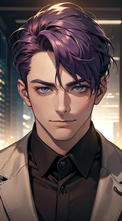 (best quality,4k,8k,highres,masterpiece:1.2),ultra-detailed,(realistic,photorealistic,photo-realistic:1.37),1 man,31 years old,mature man,very handsome,without expression,smile,short purple hair,blue eyes,penetrating gaze,perfect face without errors,imposing posture,businessman,office background,cinematic lighting,hdr image