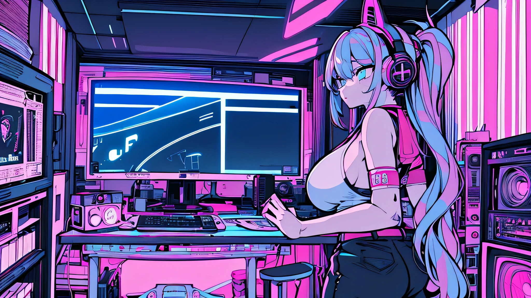 Best quality, (masterpiece), best detail face,1 girl, big breasts, 18 yo, 8k,absurdres,unity 8k wall paper,(extremely detailed:1.3), highest realistic, (retro headphones:), (soft neon light:), (psychedelic), Her room full of music equipment and records, sports wear , See the whole room , pony tail hair