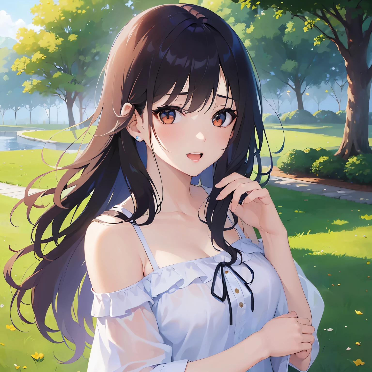 (looking at viewer:1.5)Upper Body, open arms for viewer,
 Realistic, real person, (pale skin: 1.2), RAW photo, photorealistic, shiny skin, shiny hair、
(A 25-year-old woman with medium-length hair and bangs) and (wavy hair) and (brown hair) and (orange eyes),
(white) and (off shoulder blouse),
(tearful:1.2),smile,open mouth,park,grass、blue sky、(alone:1.5)