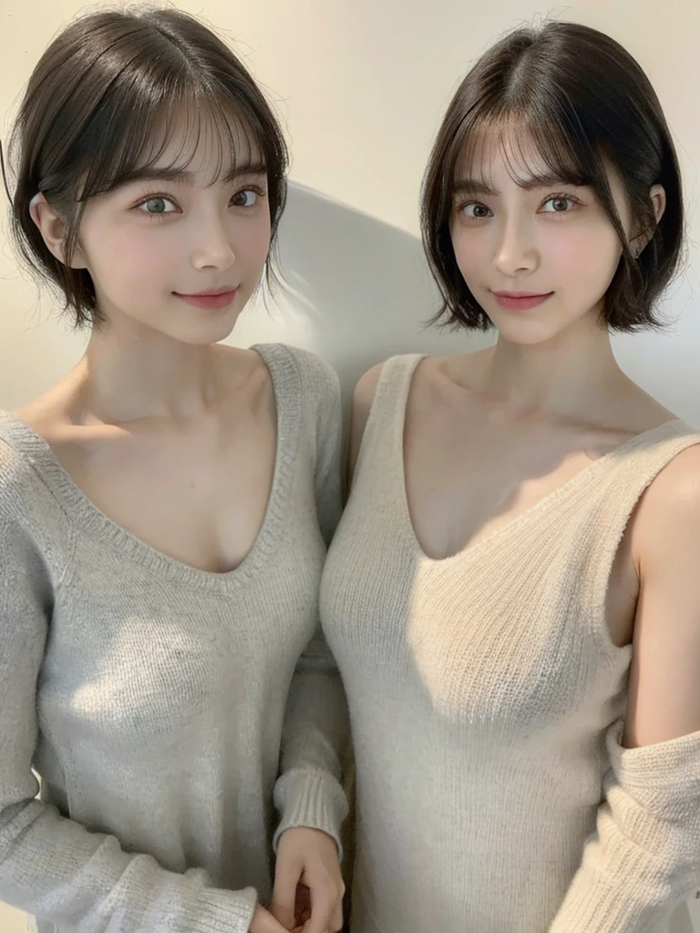 (masterpiece:1.3), (8k, Photoreal, Raw photo, best image quality: 1.4), Japanese high school girl、(random hairstyle:1.2)、cleavage:1.5、super detail face、eye for details、double eyelid、chest to chest、sharp focus:1.2、Beautiful woman:1.4、light brown hair、highest quality、masterpiece、超A high resolution、(Photoreal:1.4)、Highly detailed and professionally lit smiles、loose and light knitwear、shoulder out、thin、serious expression、short haired、deadly position
similar identical twins
All the girls have the exact same face, The two have the same face and figure, as if they were mirror images.