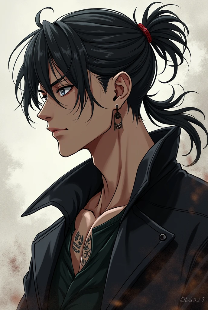 A young, cool anime guy with long hair, wearing earrings, and his hair tied back with a barrette, with tattoos. He should not be cute, he should have a tough look, but his facial features should be masculine, he should not look like a girl, he should look to the left.