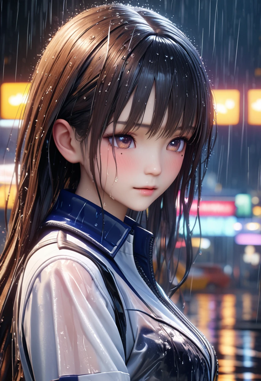 masterpiece, Highest quality, Very detailed, High resolution, expensive resolution, High resolution, 4K, 8k, Unity 8k wallpaper, Very detailed CG, masterpiece, 2D, 3d, Beautiful details, depth, Fine texture, Highest quality: 1.3, Perfect focus, Beautiful Skin, he, rain, Wet, Wet clothes: 1.Two very cute anime girls, (bra visible through thin tennis uniform underwear coat  Wet from pouring rain), Big Breasts, expensive twin-tail hair, One Girl, rain, (raindrops dripping from Wet hair, bra visible through thin tennis uniform underwear coat Wet from rain, Tennis shoes), Mole under the eye, Looking at the audience, expensive