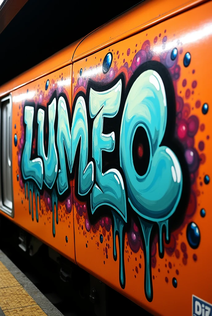 Graffiti on exterior panels of mexico city subway train, window down graffiti, the subway train in orange color with hard to read wildstyle letters, the graffiti letters says LUMEO