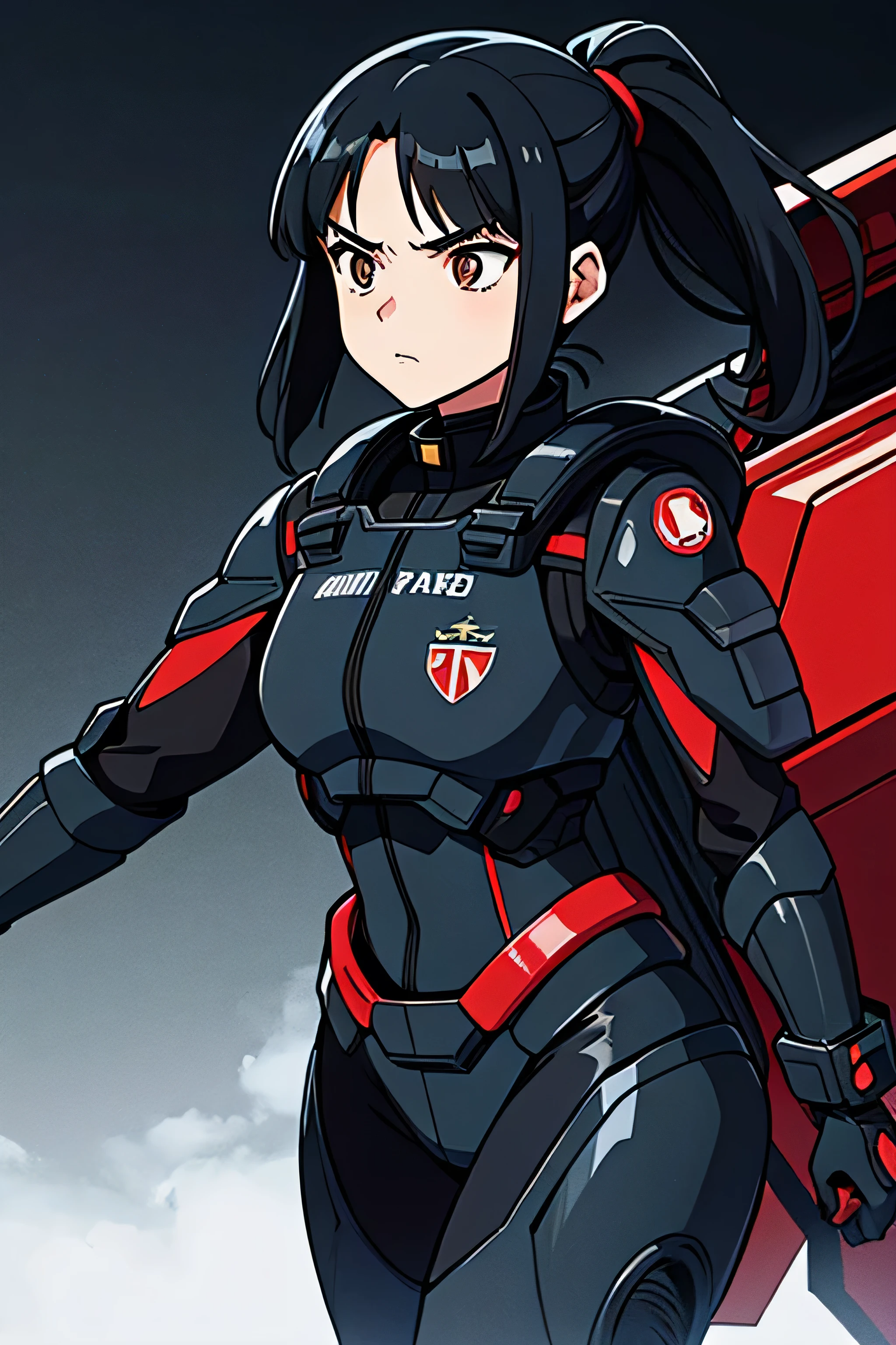 Digital illustration of an anime-style character. The character is a girl  YEARS OLD with long black hair, she has hair tied in a hair ponytail, she has a several expression. she wears an military exosuit in full black color, with red accents on the chest area. The suit features detailed exosuit plating and straps, suggesting a combat or tactical purpose. The background isa blanck space, asian feautures, childish appearance