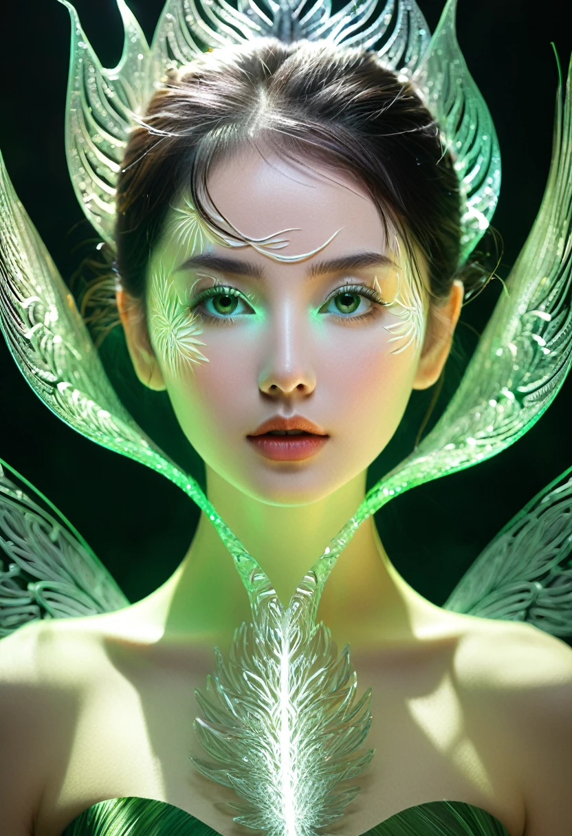 high quality, 8K Ultra HD, Surreal portrait of a stunning woman.
(1 girl:1.3),(lotus),exit,hell_Miss, Anatomically correct,fantasy,Anatomically correct, BREAK Sunlight exposure, reverberation, Experimental photography, Surreal contrasts, Eye-Catching Visuals, Artistic abstraction, Breaking the art of cutting, Layered Outlines, Complex Mode, exquisite craft, shadow play, Depth and size, Creative Expression, break art, Frozen sculpture, translucent形式, short-lived beauty, Crystal structure, exquisite craft, touching, Breaking Green Eyes,Body Glow,glowing lines,Fluorescence,Glow Example,Sample trace,flash,Fluorescence粒子,Backlight,translucent,Light Particles,Motion Blur,Movie lighting effects,Fractal background