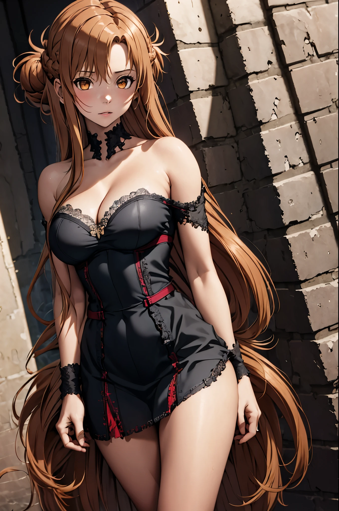 anime, Highly detailed face, Highly detailed eyes, Highly detailed background, Perfect lighting, whole body, One girl, alone, As Yuuki, Asuna, formal, indoor, Black detailed dress, Black high heels, Cleavage, tiara, jewelry, Hair Bun, Frilled Skirt, See through, Black underwear、Long light brown hair, Absurd, High resolution, Super sharp, 8k, masterpiece, View your viewers, Has a black sword