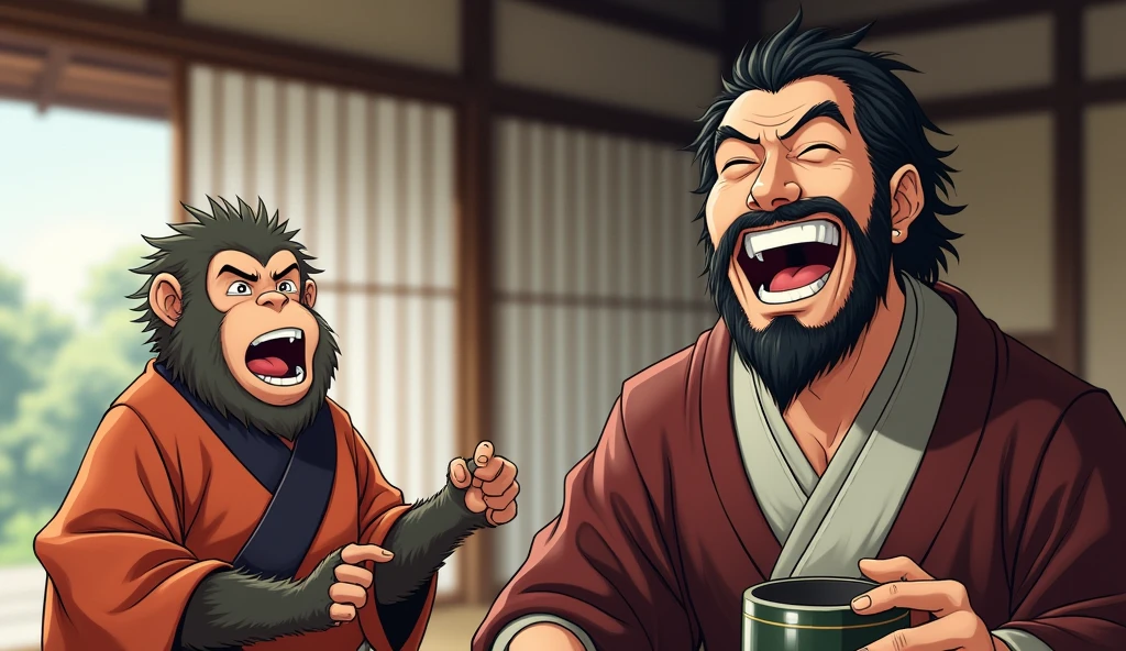 A humorous and slightly mocking scene featuring Oda Nobunaga laughing heartily. In the foreground, Nobunaga is shown with a broad grin, holding a cup of sake or in a relaxed, jovial pose. Behind him, a playful illustration or caricature of a monkey (representing Toyotomi Hideyoshi) is depicted in a comical and exaggerated manner. The monkey is dressed in traditional samurai attire but with a slightly scruffy and disheveled appearance, adding to the playful mockery. The background is a traditional Japanese setting with elements such as a tatami mat, sliding doors, and a traditional garden. The scene should convey a light-hearted and mocking tone, capturing Nobunaga’s jestful attitude towards Hideyoshi.